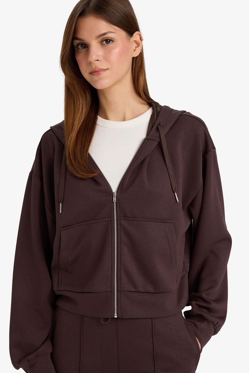 DeFacto Brown Woman Loose Fit Modal Zip-Up Hoodie Casual - Image 3